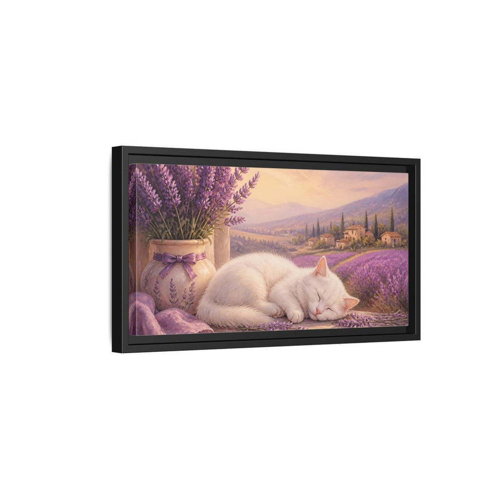 Side Mockup 8. Nature Sleeping Cat Purple Lavender Cat shown as stretched canvas wall art