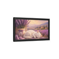 Side Mockup 8. Nature Sleeping Cat Purple Lavender Cat shown as stretched canvas wall art
