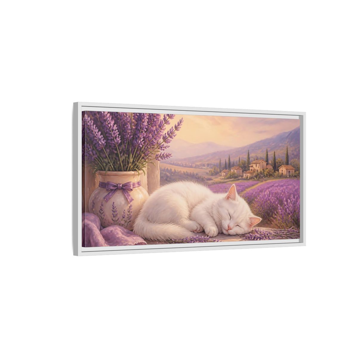 Side Mockup 1. Nature Sleeping Cat Purple Lavender Cat shown as stretched canvas wall art