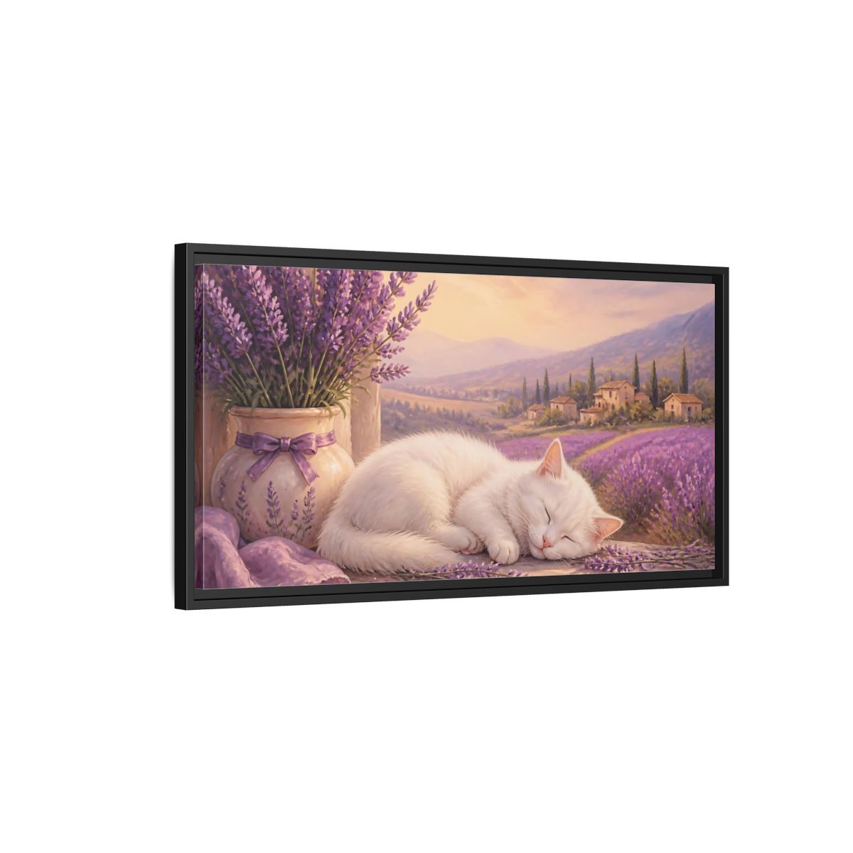 Side Mockup 2. Nature Sleeping Cat Purple Lavender Cat shown as stretched canvas wall art