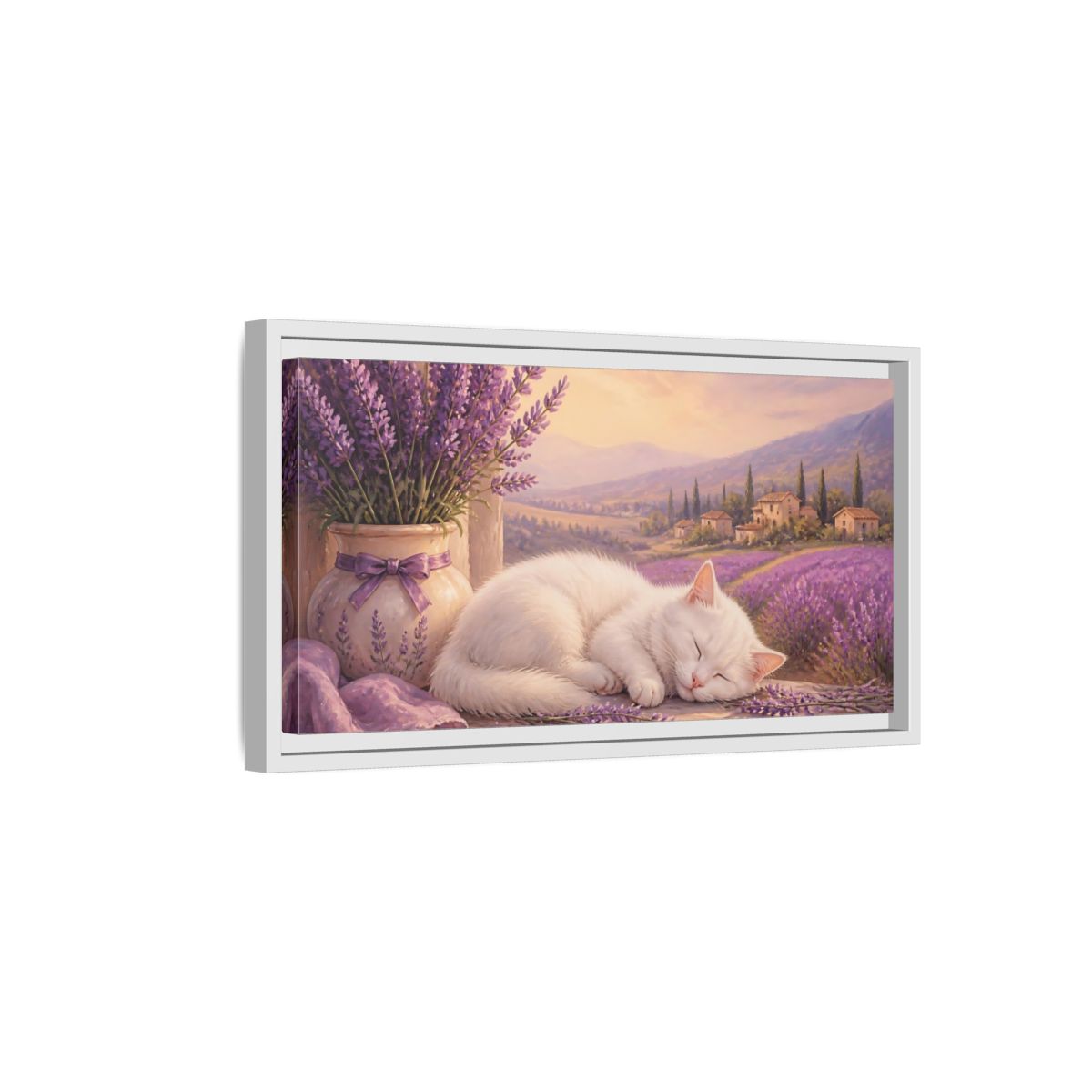 Side Mockup 6. Nature Sleeping Cat Purple Lavender Cat shown as stretched canvas wall art