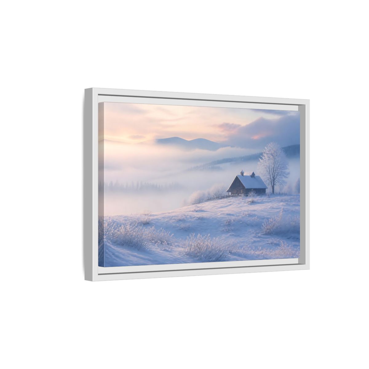 Side Mockup 4. Nature Snowy Cabin Winter Misty Landscape shown as stretched canvas wall art