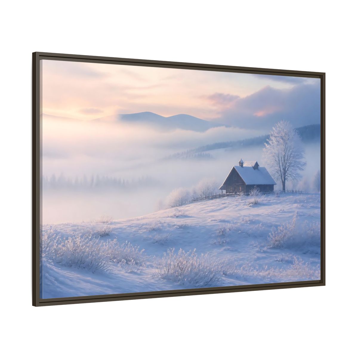 Side Mockup 8. Nature Snowy Cabin Winter Misty Landscape shown as stretched canvas wall art