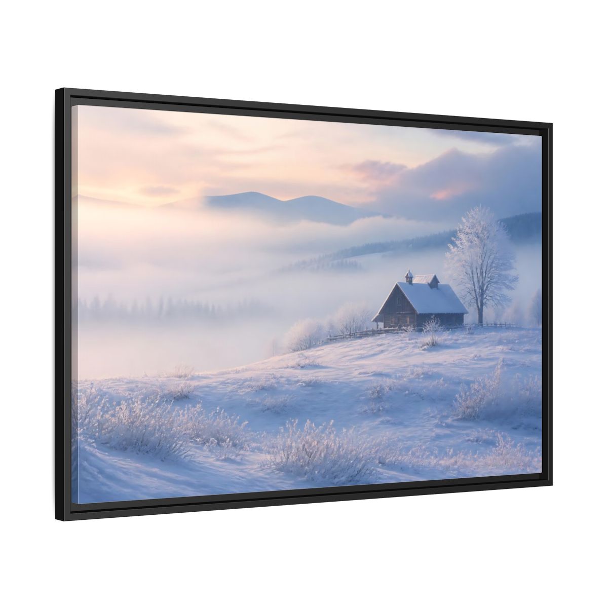 Side Mockup 13. Nature Snowy Cabin Winter Misty Landscape shown as stretched canvas wall art