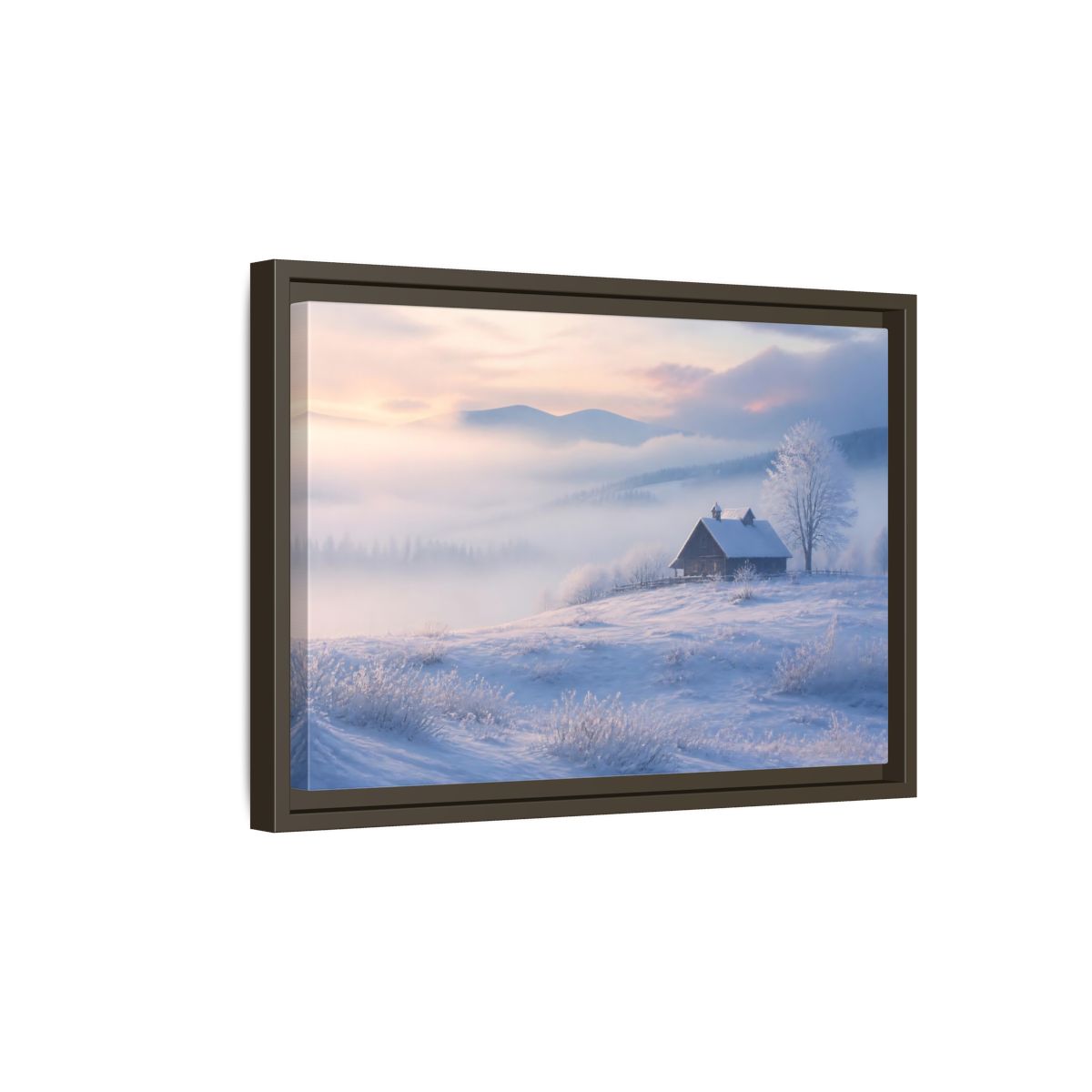 Side Mockup 5. Nature Snowy Cabin Winter Misty Landscape shown as stretched canvas wall art