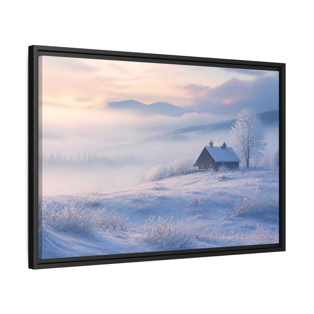 Side Mockup 14. Nature Snowy Cabin Winter Misty Landscape shown as stretched canvas wall art