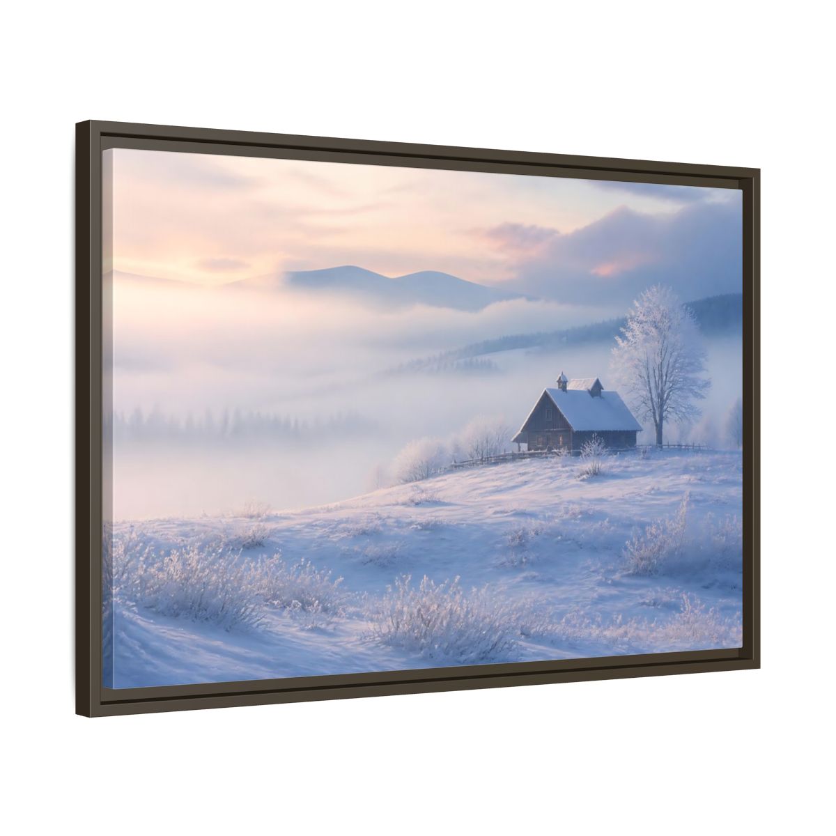 Side Mockup 11. Nature Snowy Cabin Winter Misty Landscape shown as stretched canvas wall art