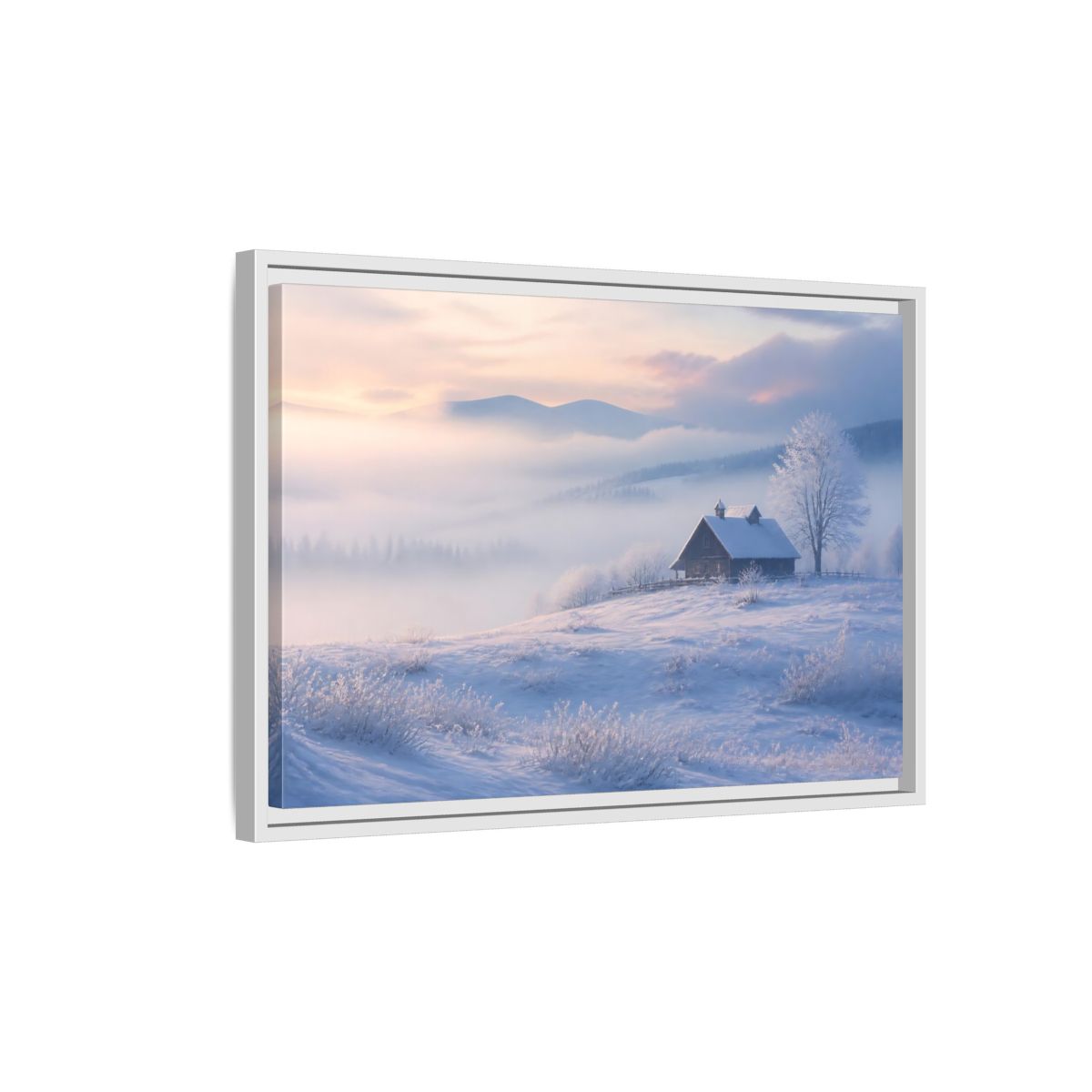 Side Mockup 1. Nature Snowy Cabin Winter Misty Landscape shown as stretched canvas wall art