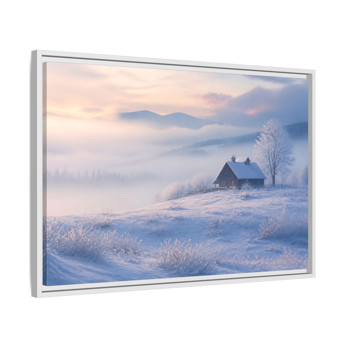 Side Mockup 10. Nature Snowy Cabin Winter Misty Landscape shown as stretched canvas wall art