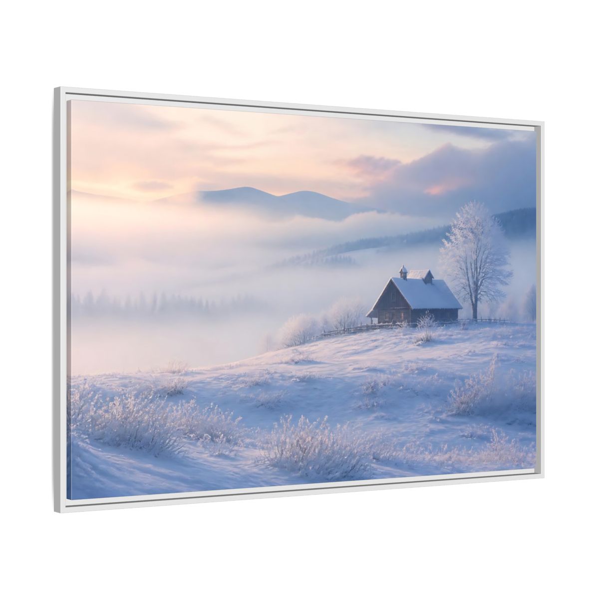 Side Mockup 7. Nature Snowy Cabin Winter Misty Landscape shown as stretched canvas wall art