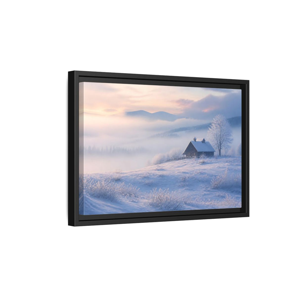 Side Mockup 6. Nature Snowy Cabin Winter Misty Landscape shown as stretched canvas wall art