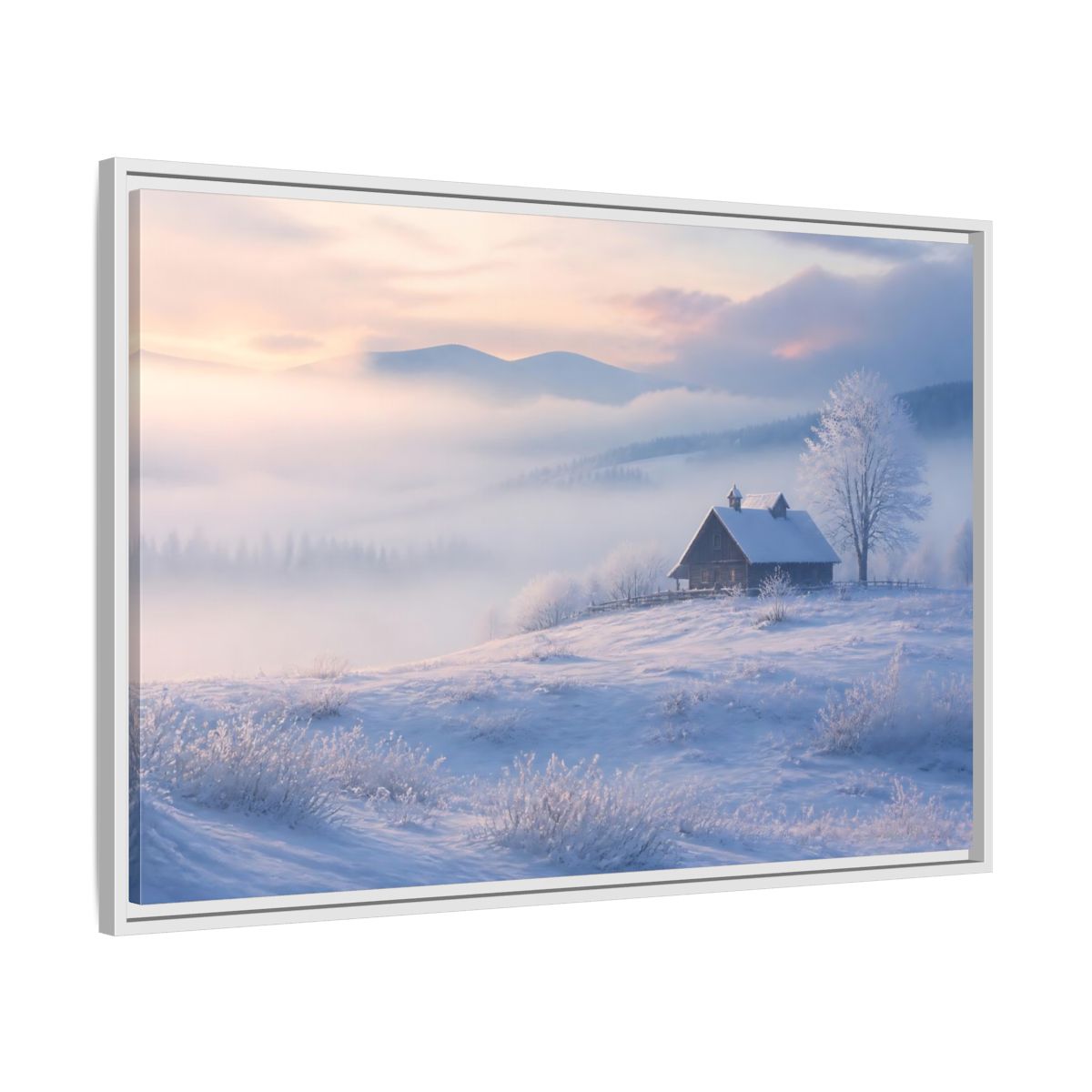 Side Mockup 9. Nature Snowy Cabin Winter Misty Landscape shown as stretched canvas wall art