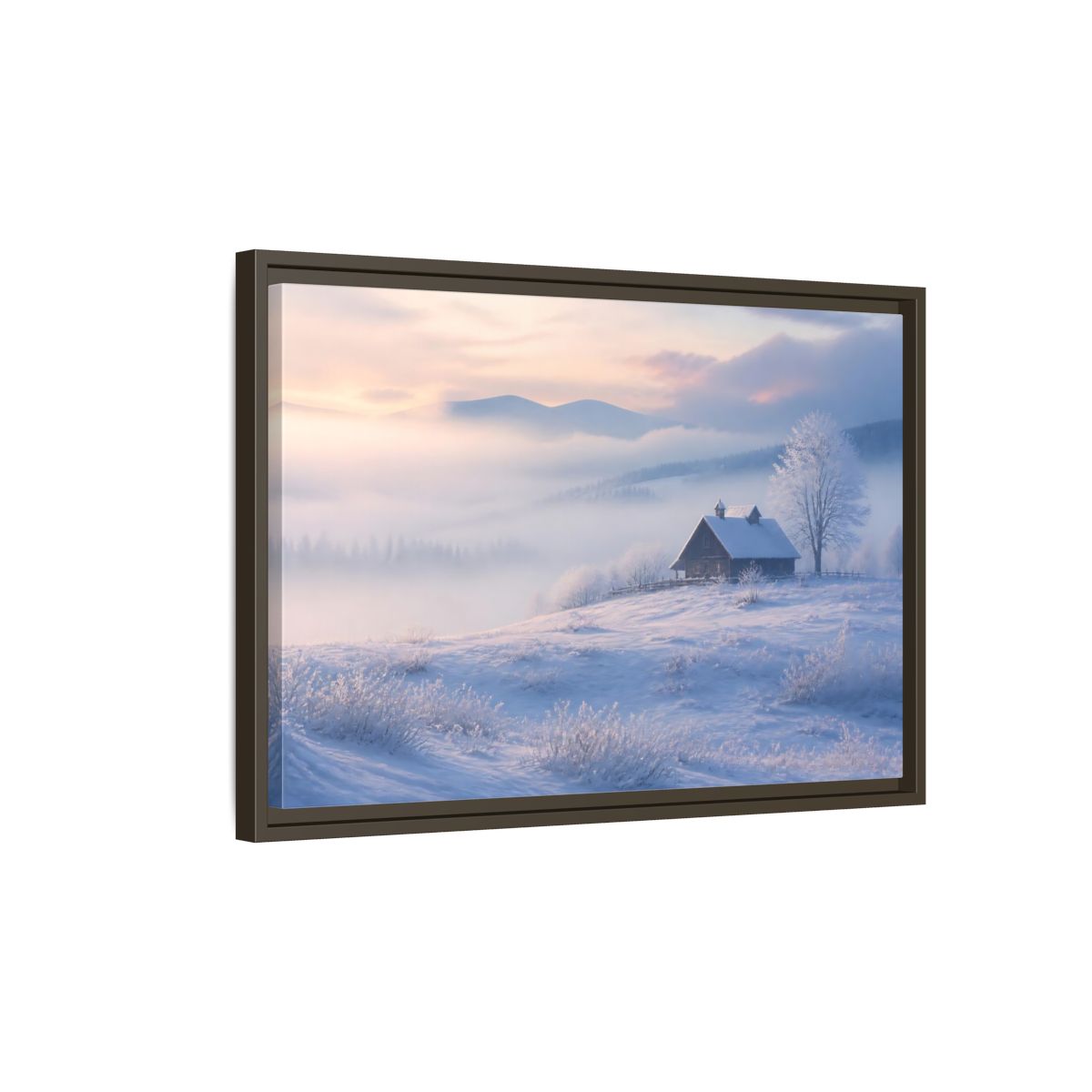 Side Mockup 2. Nature Snowy Cabin Winter Misty Landscape shown as stretched canvas wall art