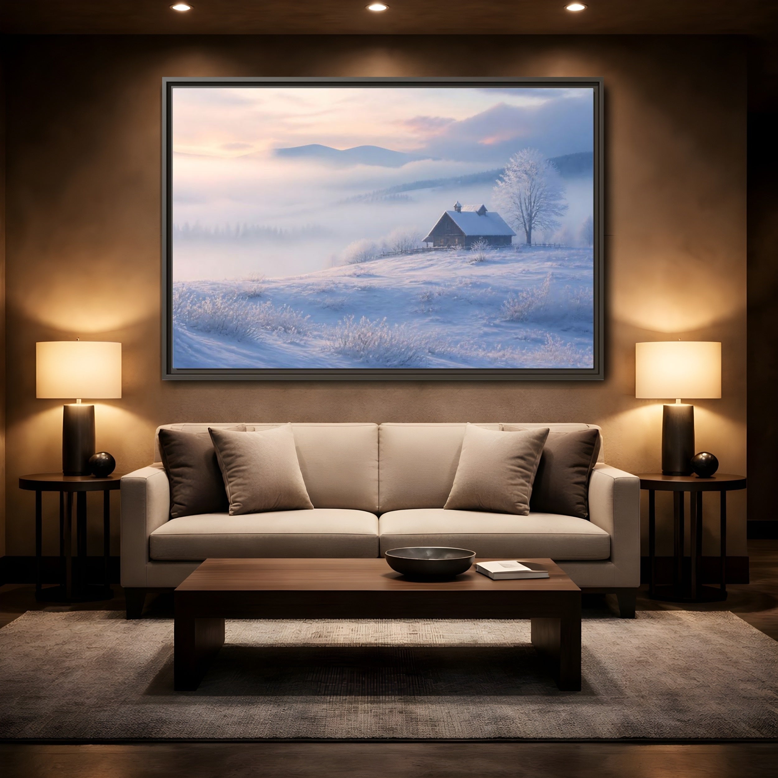 Mockup 2. Nature Snowy Cabin Winter Misty Landscape shown as stretched canvas wall art