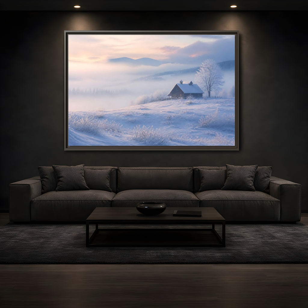 Mockup 3. Nature Snowy Cabin Winter Misty Landscape shown as stretched canvas wall art