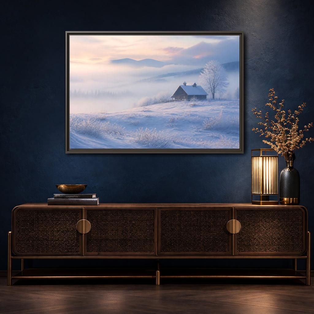 Mockup 4. Nature Snowy Cabin Winter Misty Landscape shown as stretched canvas wall art