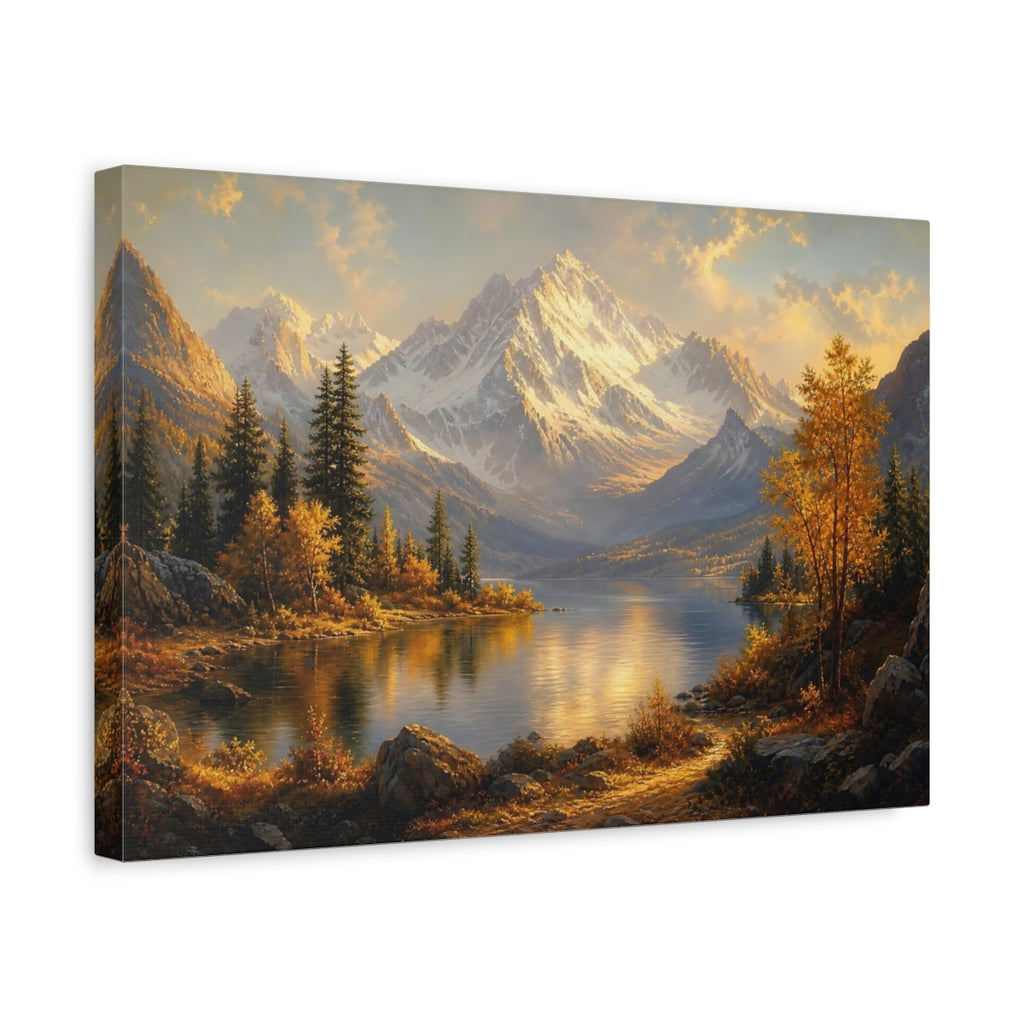 Side Mockup 4. Nature Snowy Mountains Golden Mountain Lake shown as canvas print