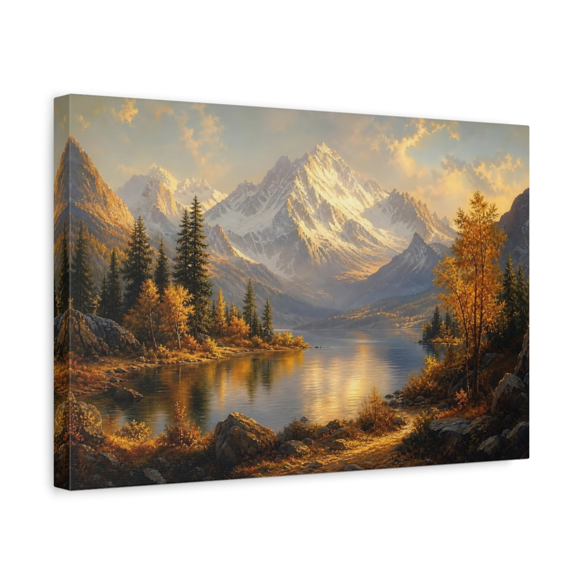 Side Mockup 4. Nature Snowy Mountains Golden Mountain Lake shown as canvas print