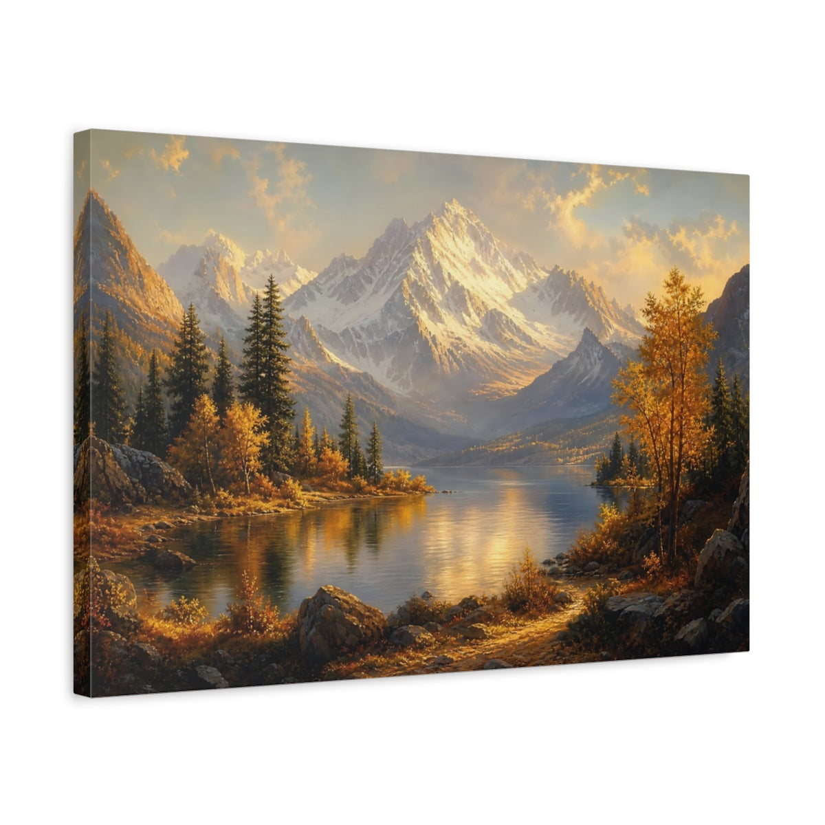 Side Mockup 3. Nature Snowy Mountains Golden Mountain Lake shown as canvas print