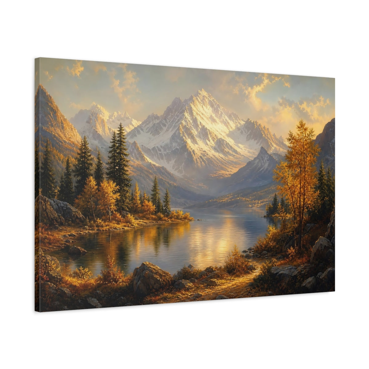 Main Mockup. Nature Snowy Mountains Golden Mountain Lake shown as canvas print