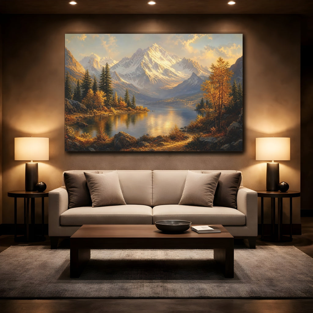 Mockup 2. Nature Snowy Mountains Golden Mountain Lake shown as canvas print