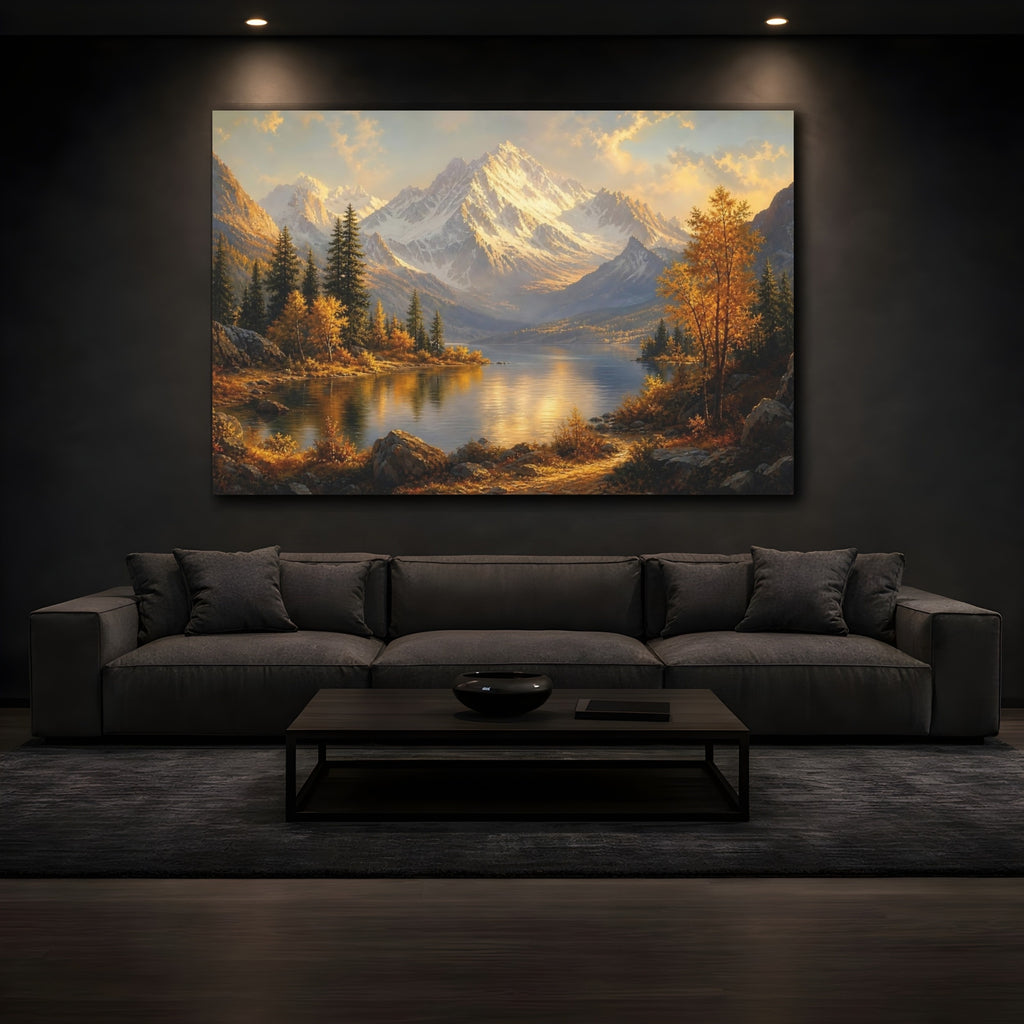 Mockup 3. Nature Snowy Mountains Golden Mountain Lake shown as canvas print