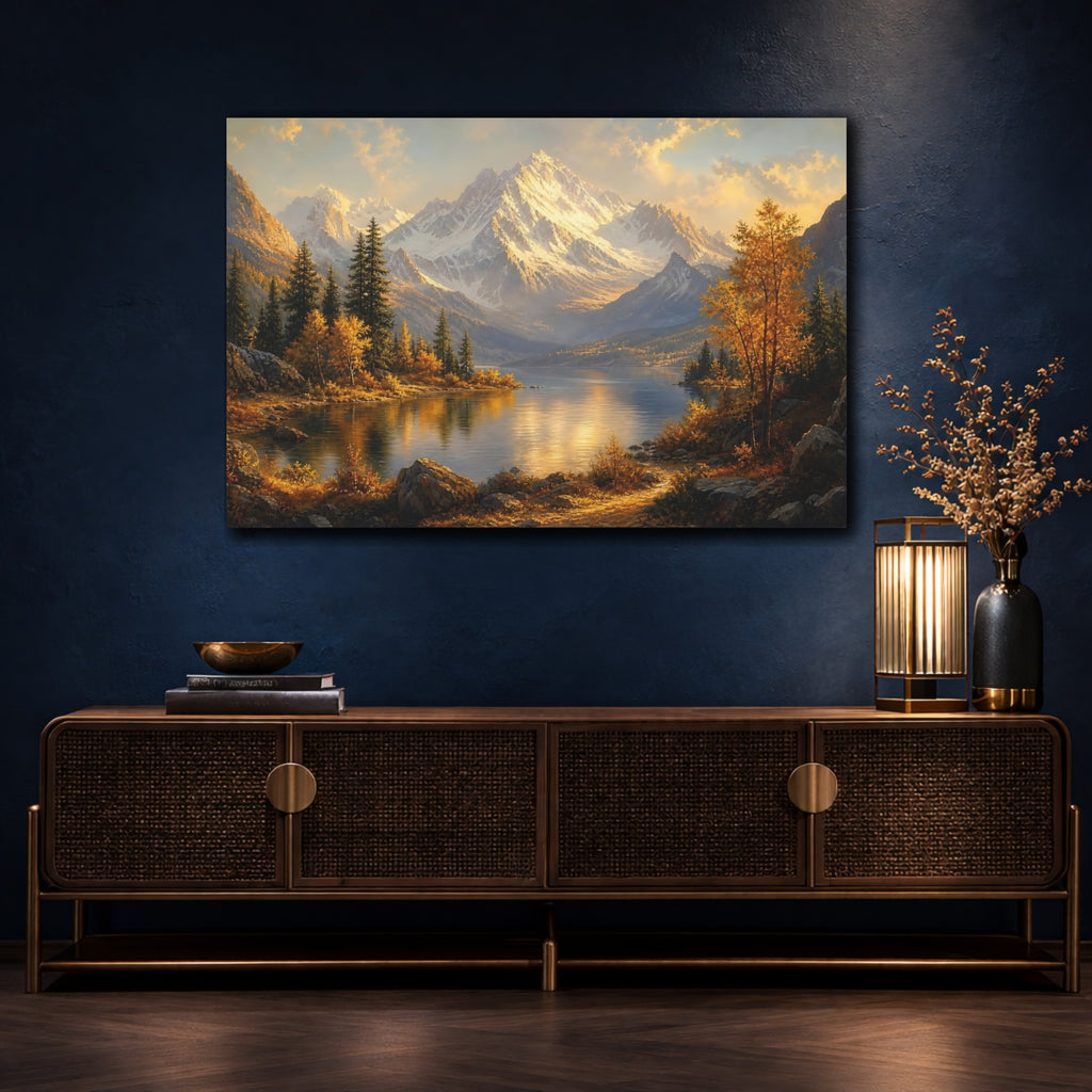 Mockup 4. Nature Snowy Mountains Golden Mountain Lake shown as canvas print