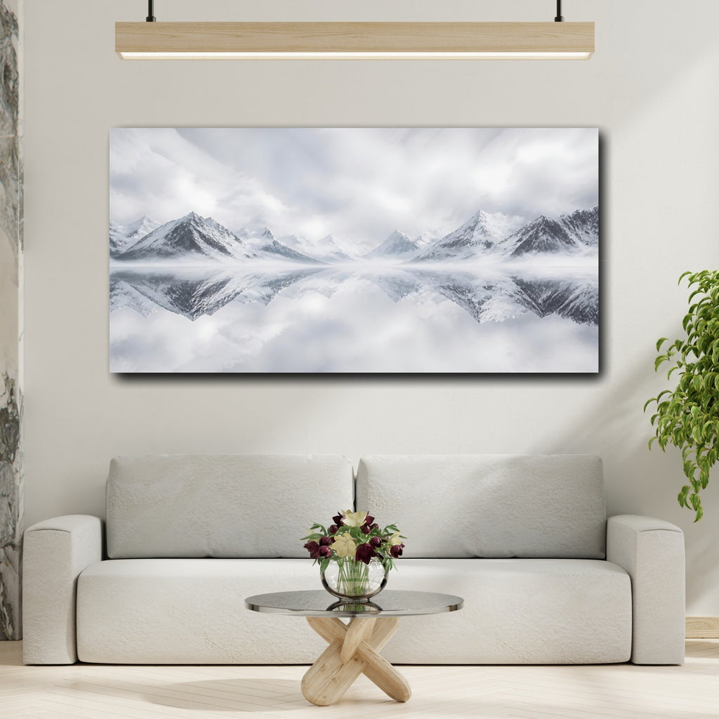 Mockup 2. Nature Snowy Mountains Monochrome Mountains shown as stretched canvas wall art
