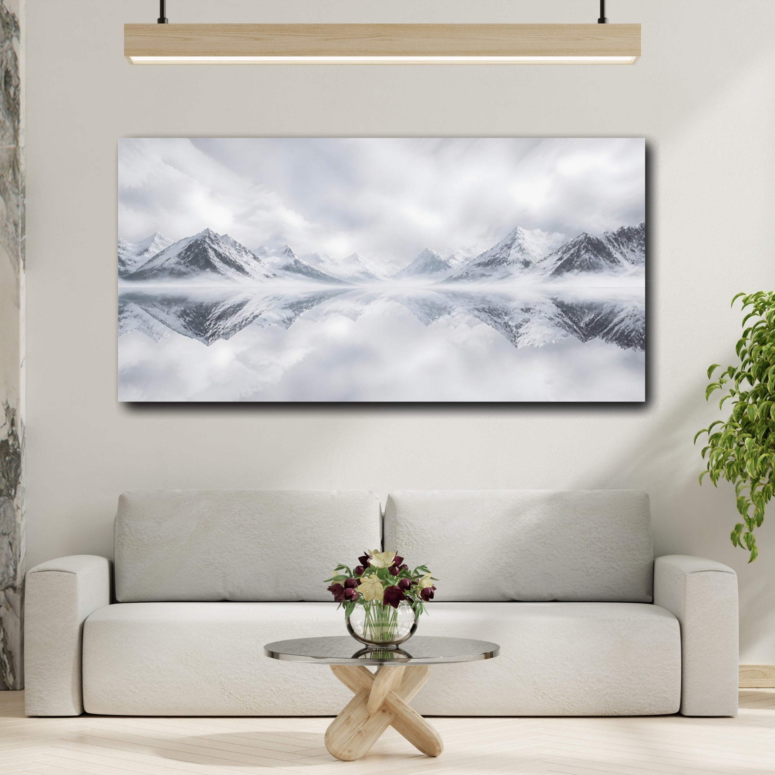 Mockup 2. Nature Snowy Mountains Monochrome Mountains shown as stretched canvas wall art