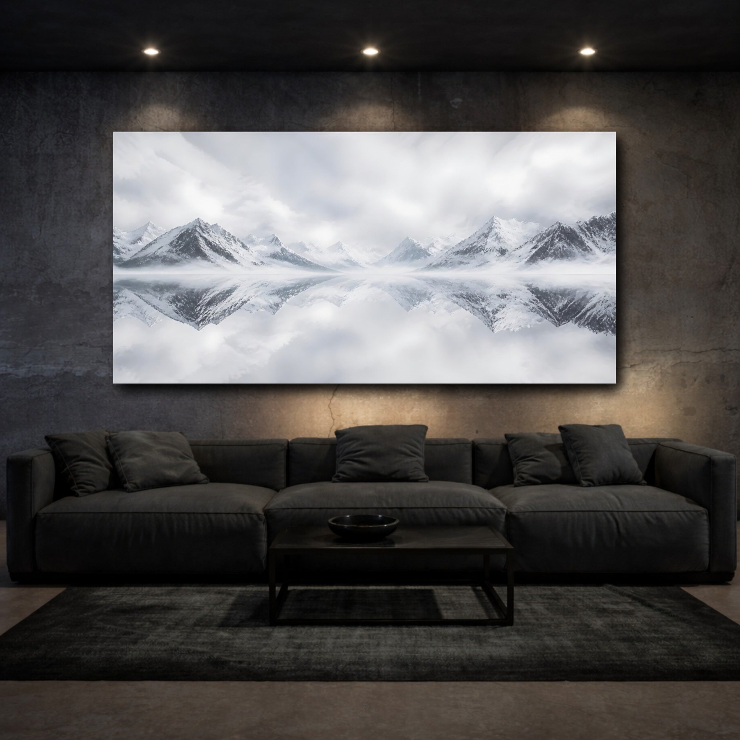 Mockup 3. Nature Snowy Mountains Monochrome Mountains shown as stretched canvas wall art