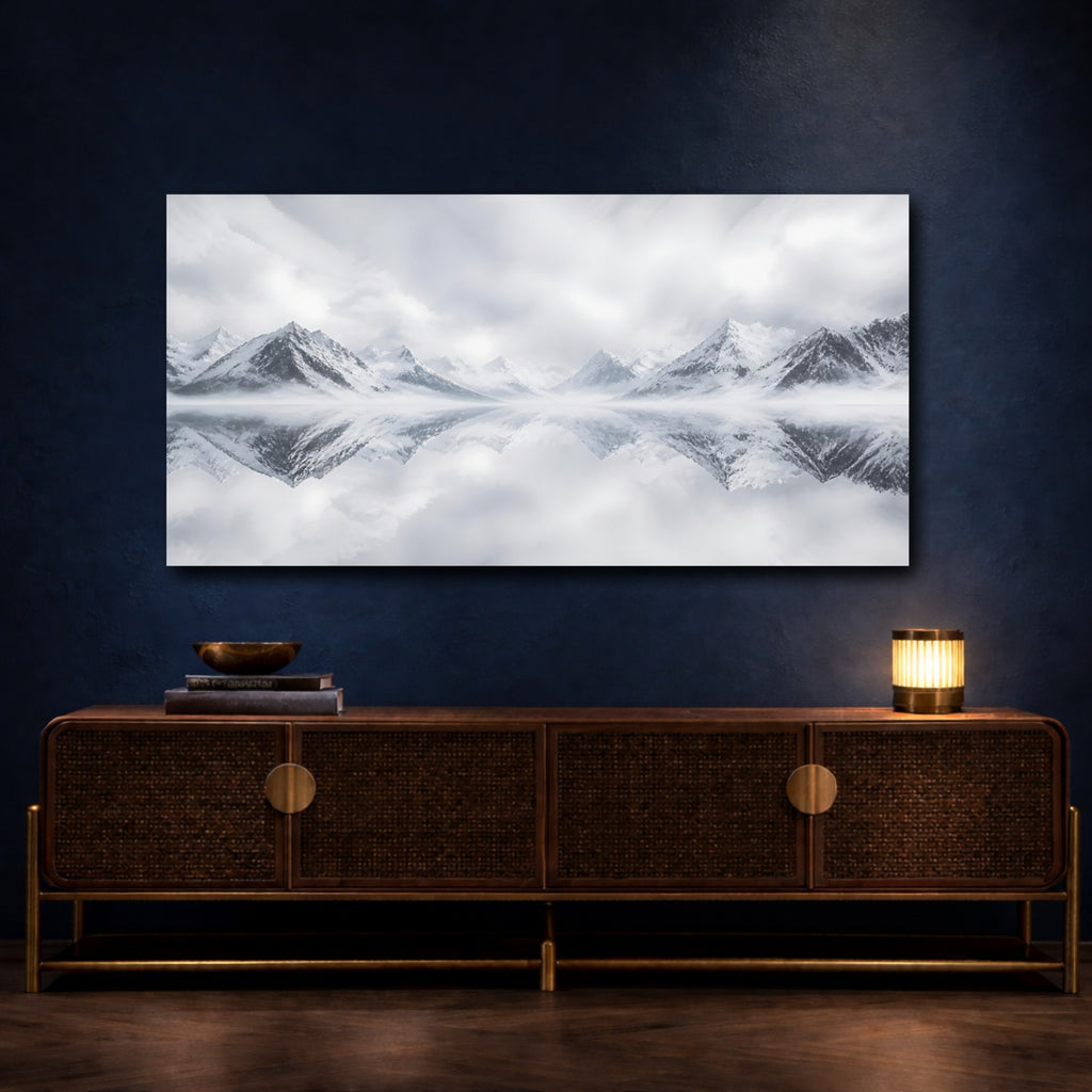 Mockup 4. Nature Snowy Mountains Monochrome Mountains shown as stretched canvas wall art