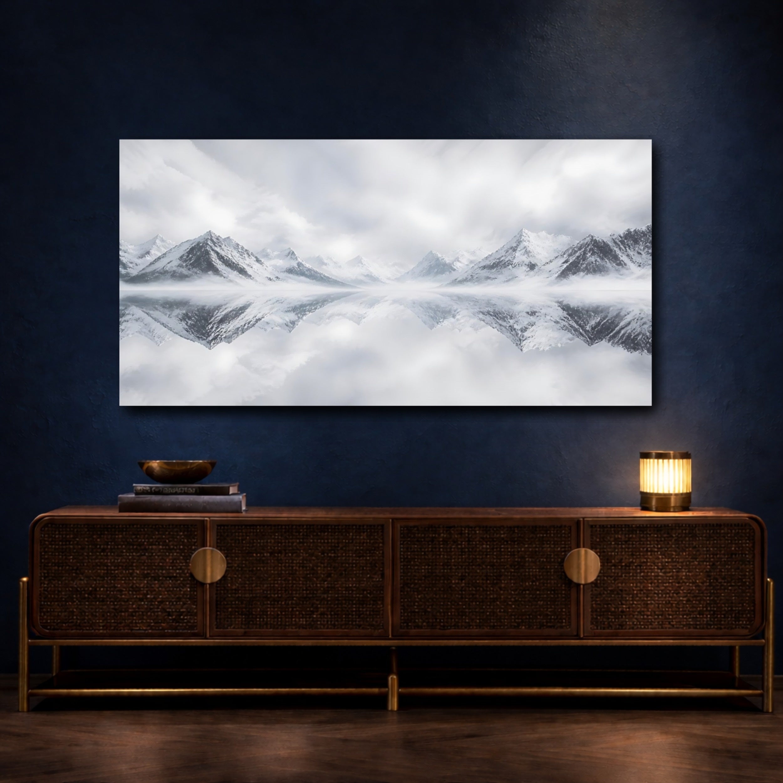 Mockup 4. Nature Snowy Mountains Monochrome Mountains shown as stretched canvas wall art