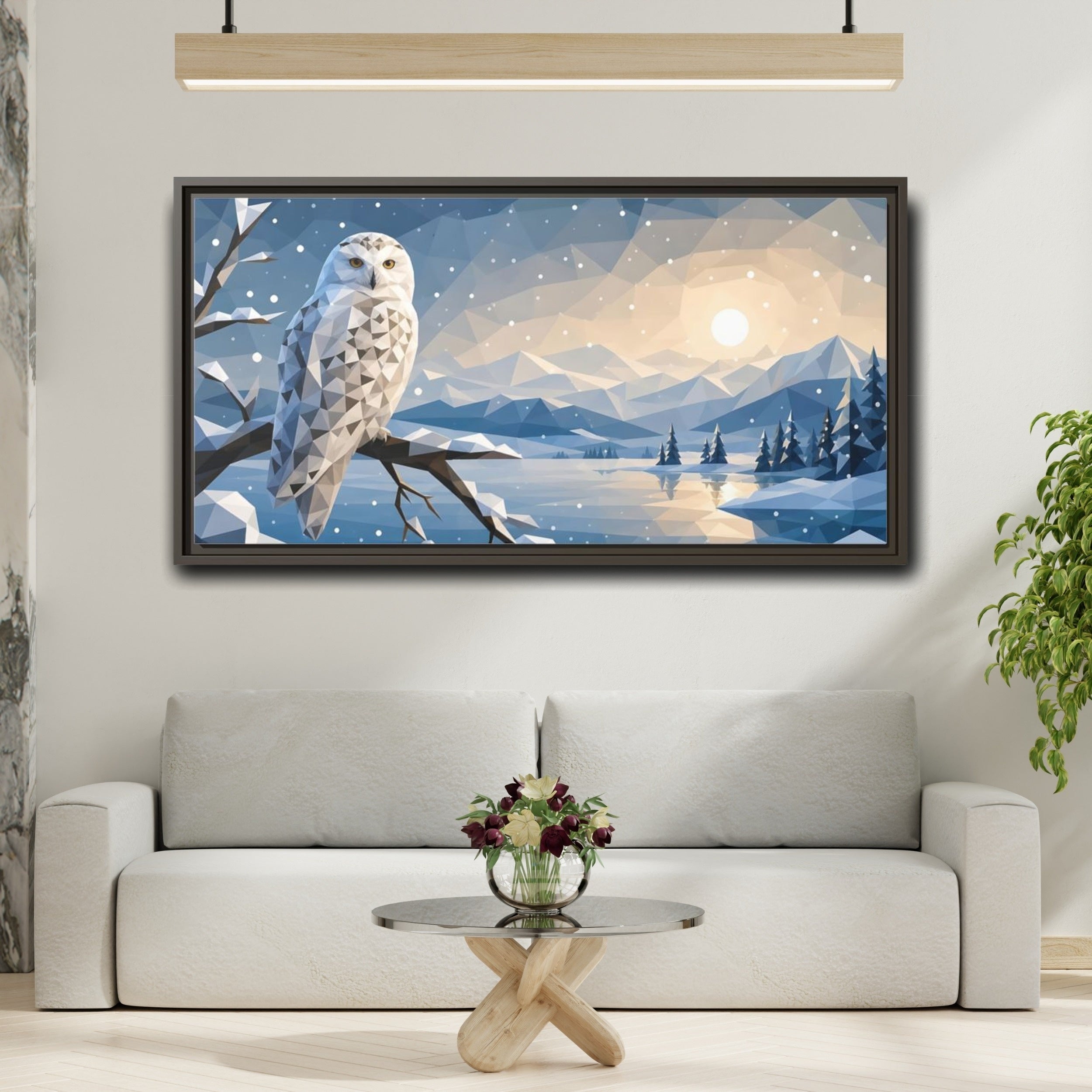 Mockup 2. Nature Snowy Owl Low-Poly Owl Winter shown as stretched canvas wall art