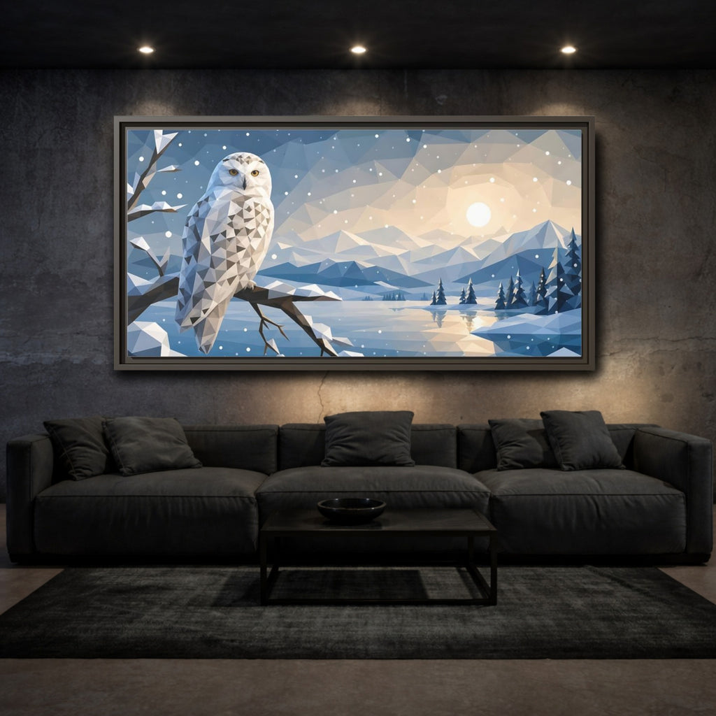 Mockup 3. Nature Snowy Owl Low-Poly Owl Winter shown as stretched canvas wall art