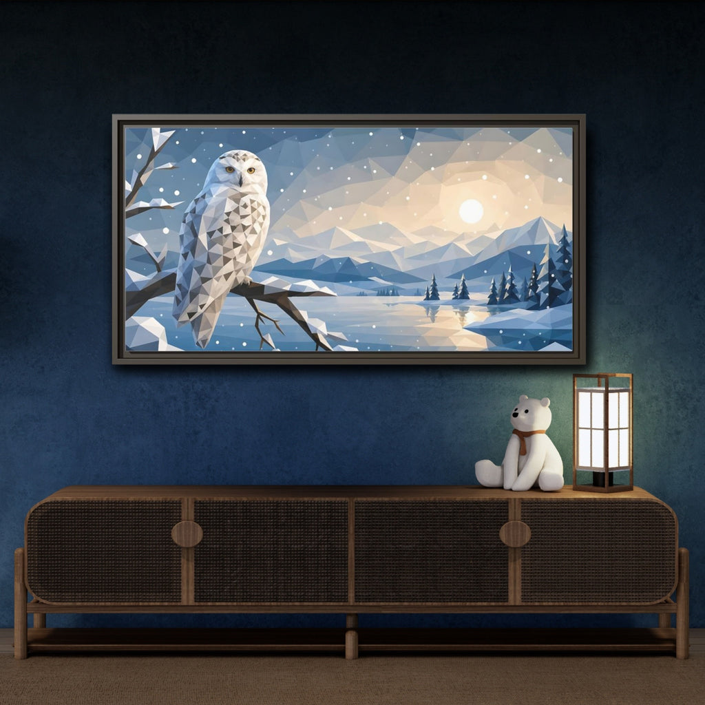 Mockup 4. Nature Snowy Owl Low-Poly Owl Winter shown as stretched canvas wall art