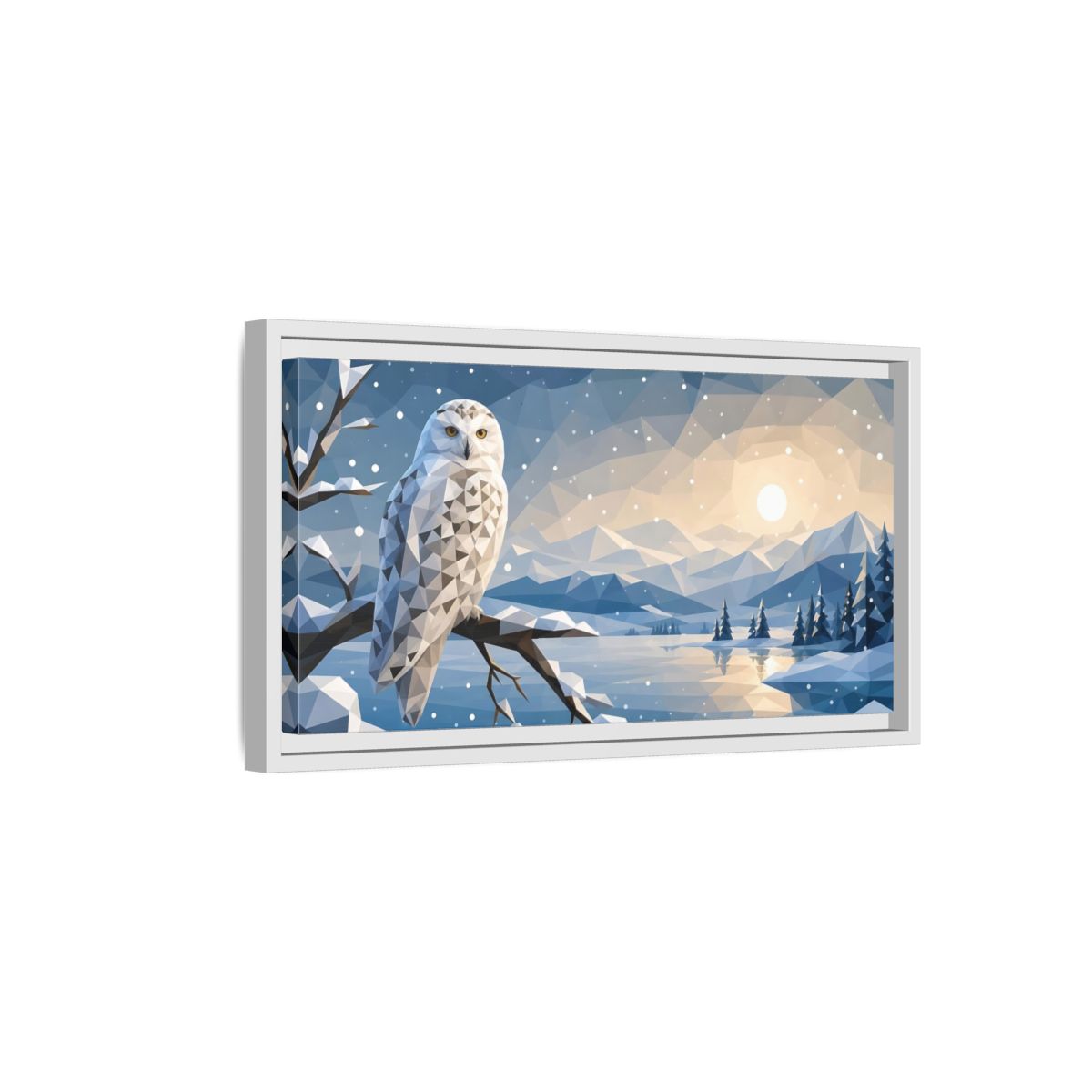Side Mockup 6. Nature Snowy Owl Low-Poly Owl Winter shown as stretched canvas wall art