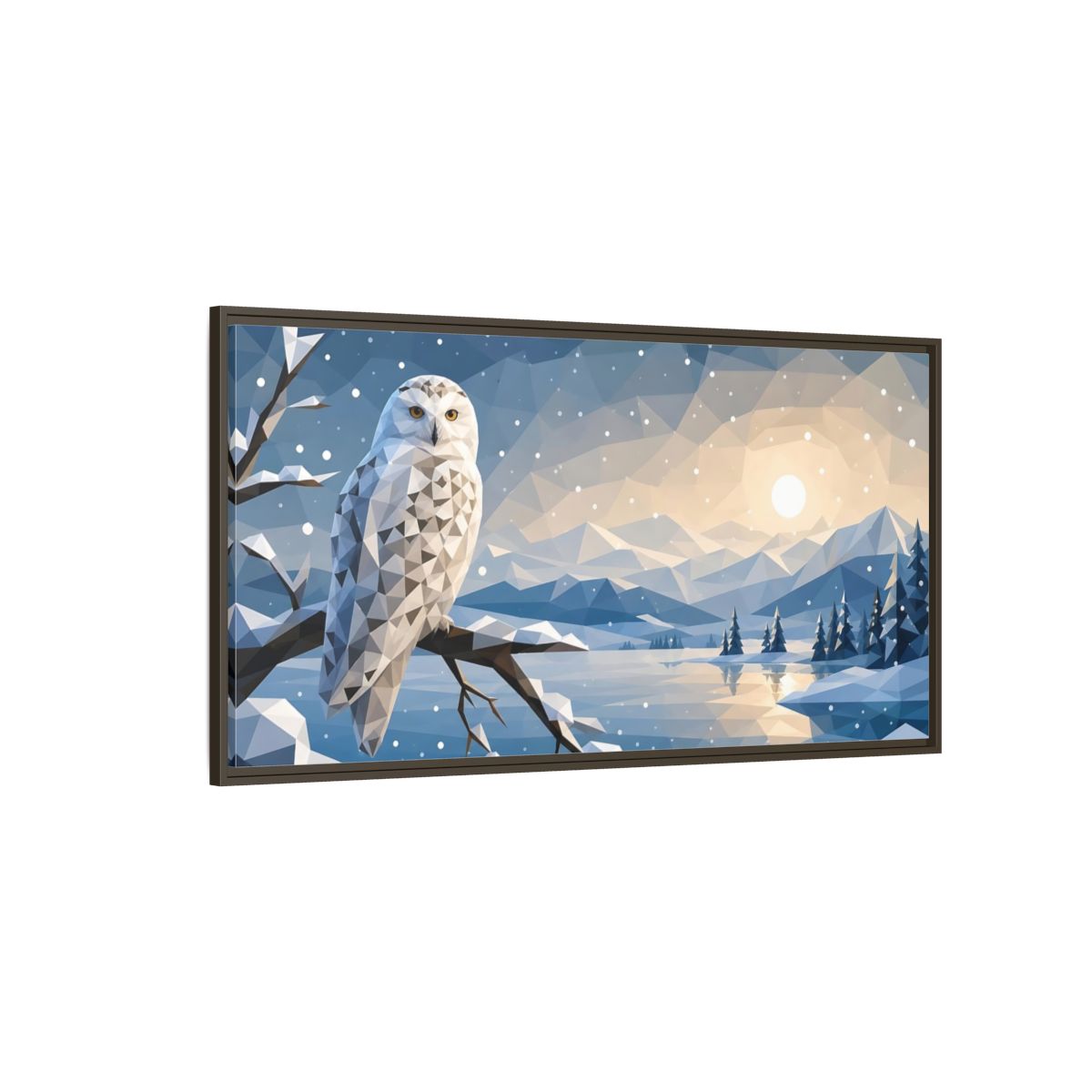 Side Mockup 4. Nature Snowy Owl Low-Poly Owl Winter shown as stretched canvas wall art