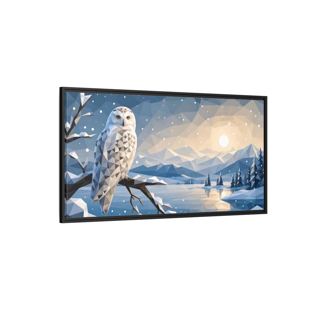 Side Mockup 5. Nature Snowy Owl Low-Poly Owl Winter shown as stretched canvas wall art