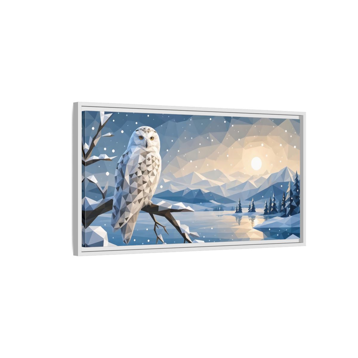 Side Mockup 1. Nature Snowy Owl Low-Poly Owl Winter shown as stretched canvas wall art