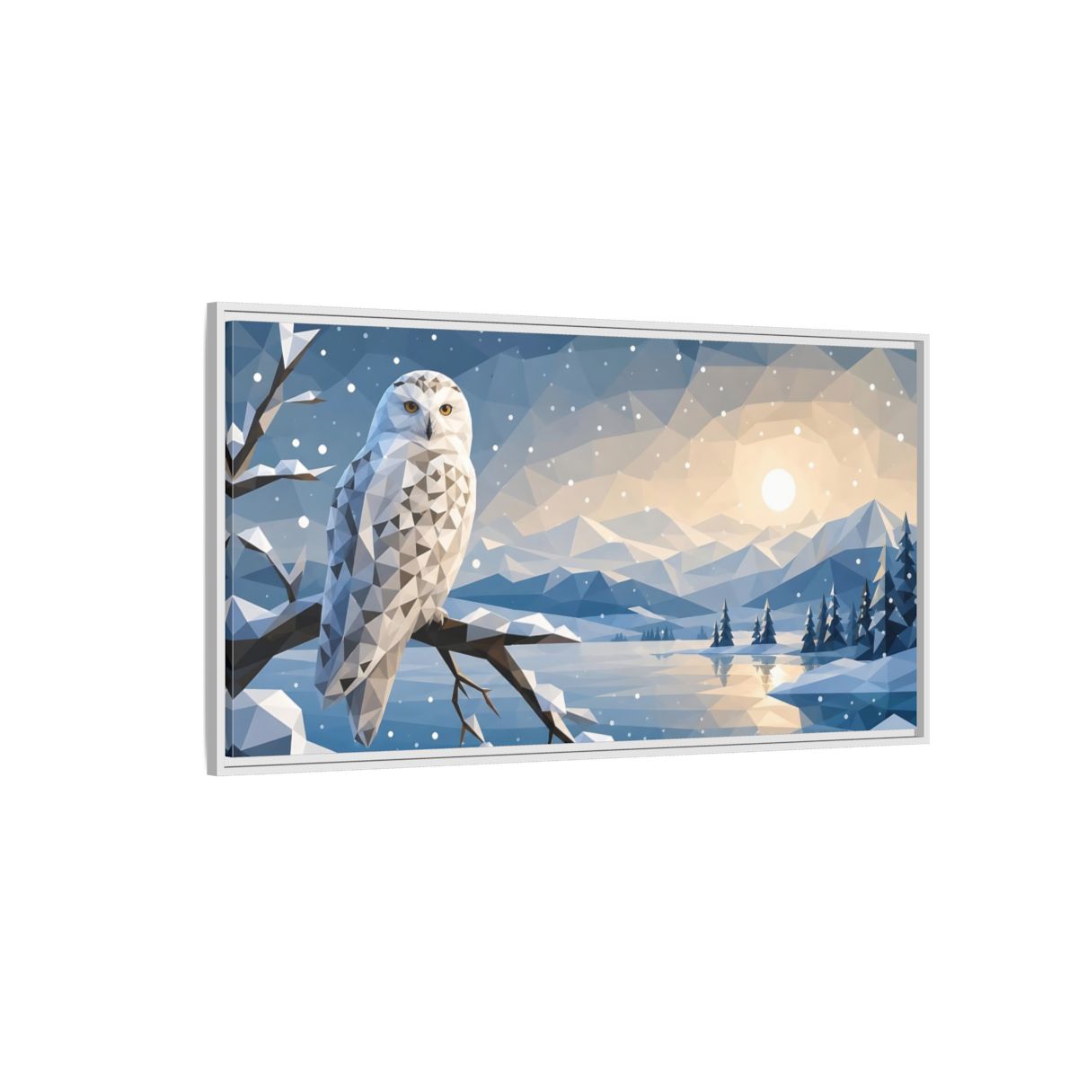 Side Mockup 3. Nature Snowy Owl Low-Poly Owl Winter shown as stretched canvas wall art
