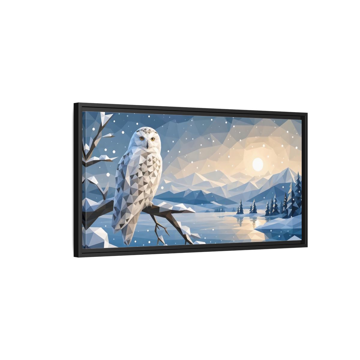 Side Mockup 2. Nature Snowy Owl Low-Poly Owl Winter shown as stretched canvas wall art