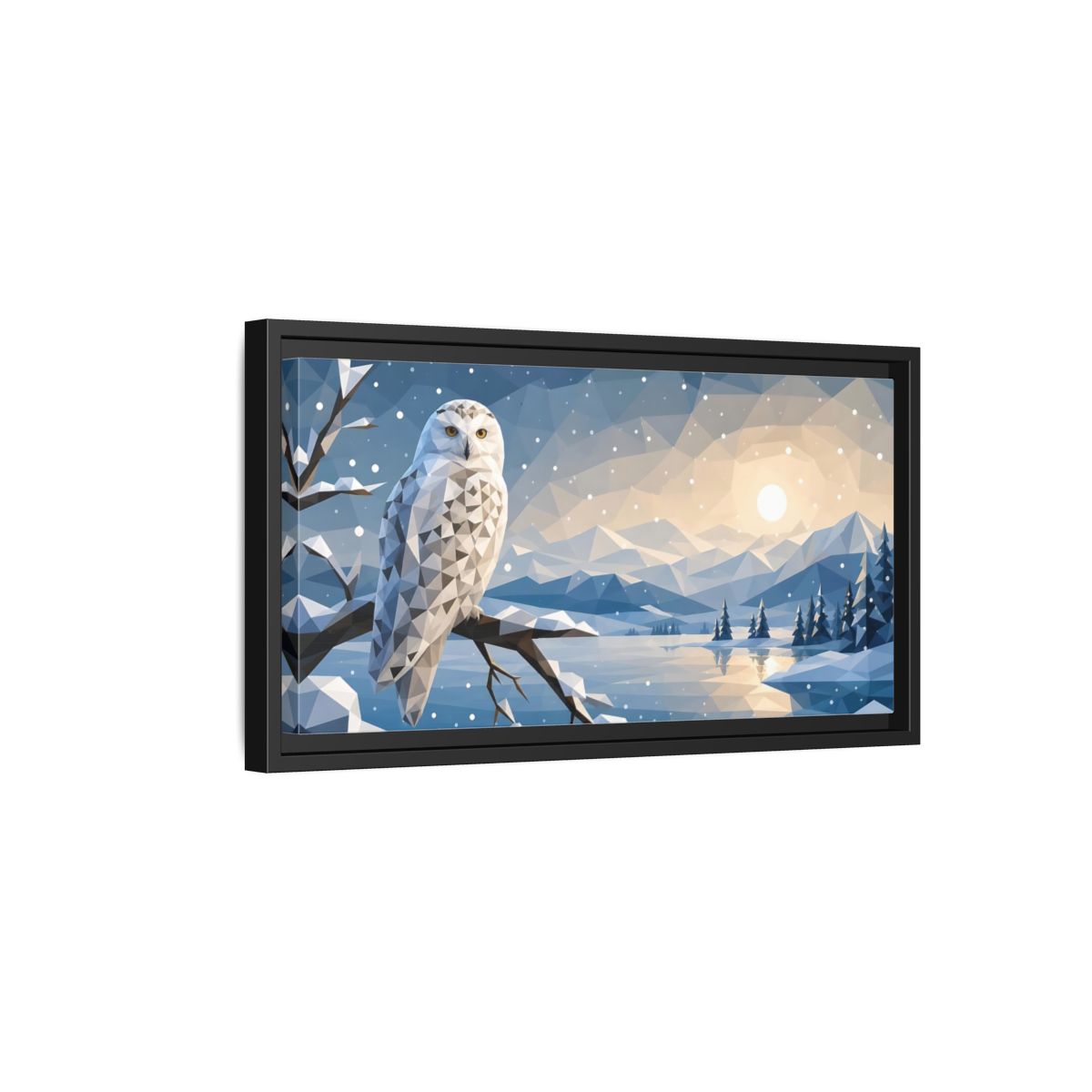 Side Mockup 8. Nature Snowy Owl Low-Poly Owl Winter shown as stretched canvas wall art