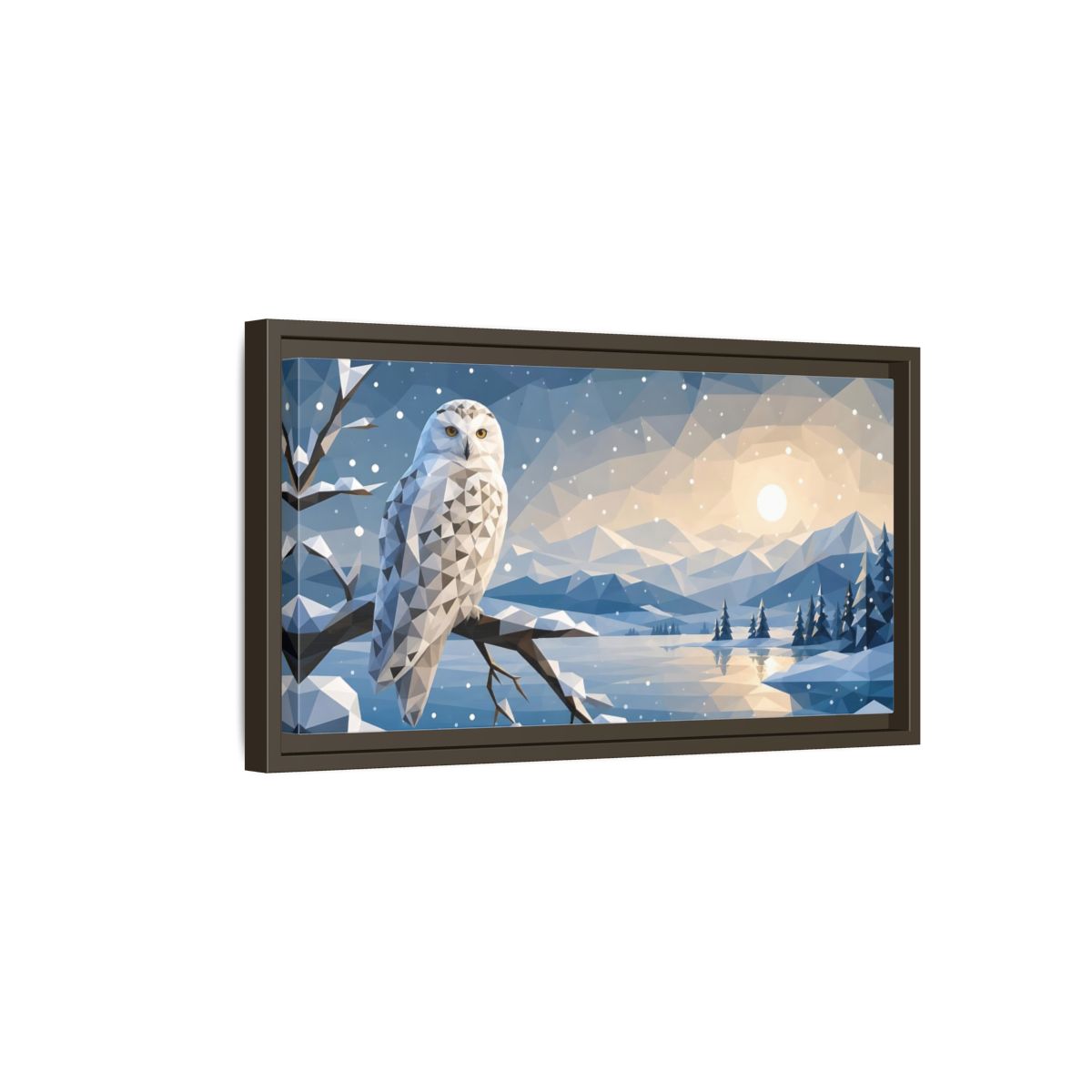 Side Mockup 7. Nature Snowy Owl Low-Poly Owl Winter shown as stretched canvas wall art