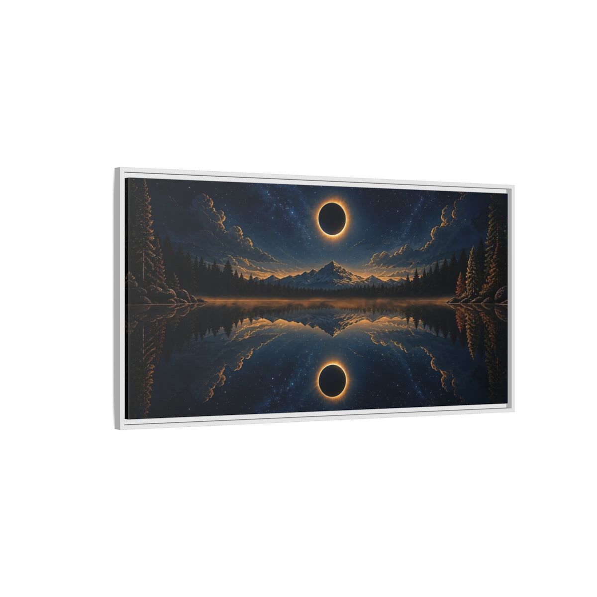 Side Mockup 3. Nature Solar Eclipse Blue Gold Night Sky shown as stretched canvas wall art