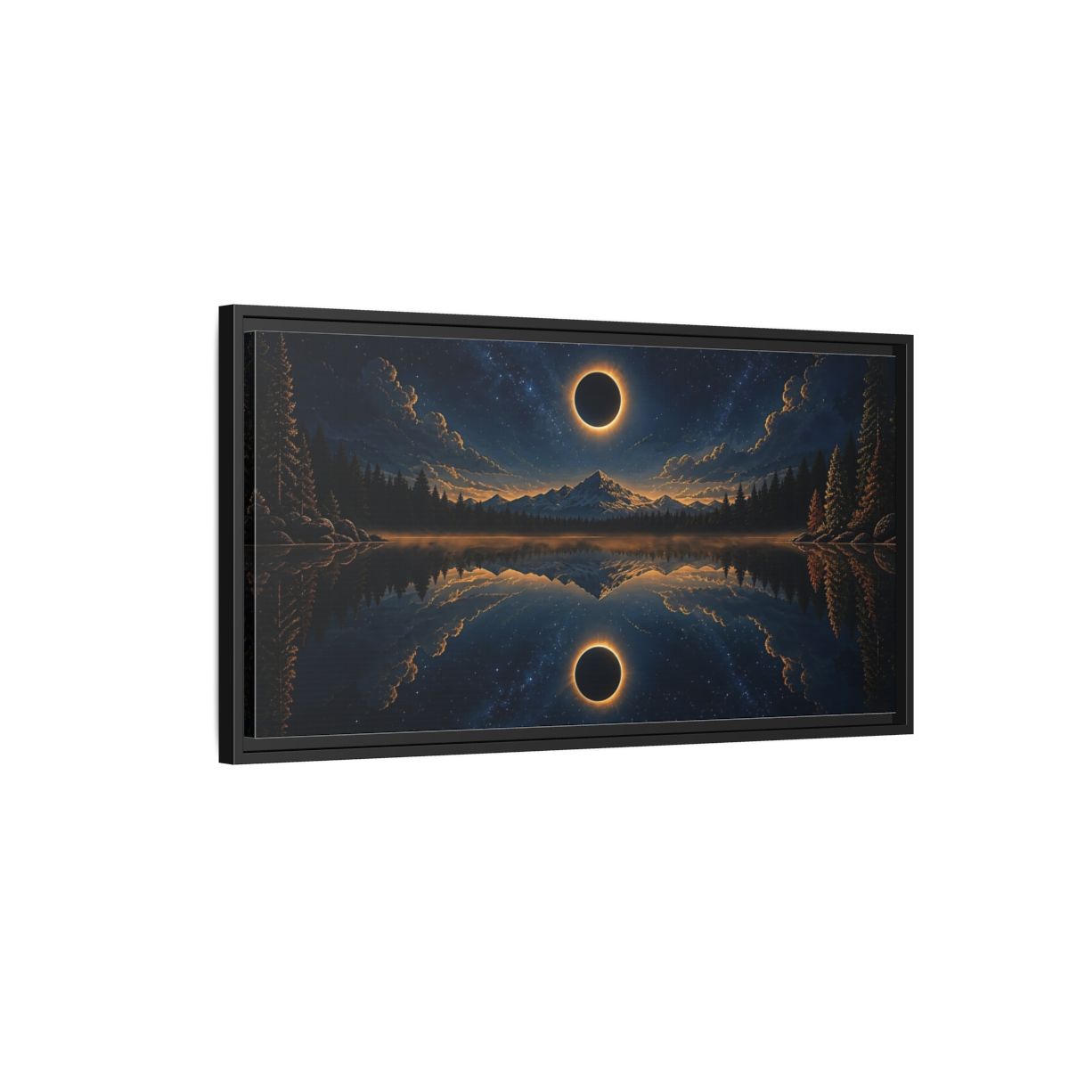Side Mockup 2. Nature Solar Eclipse Blue Gold Night Sky shown as stretched canvas wall art