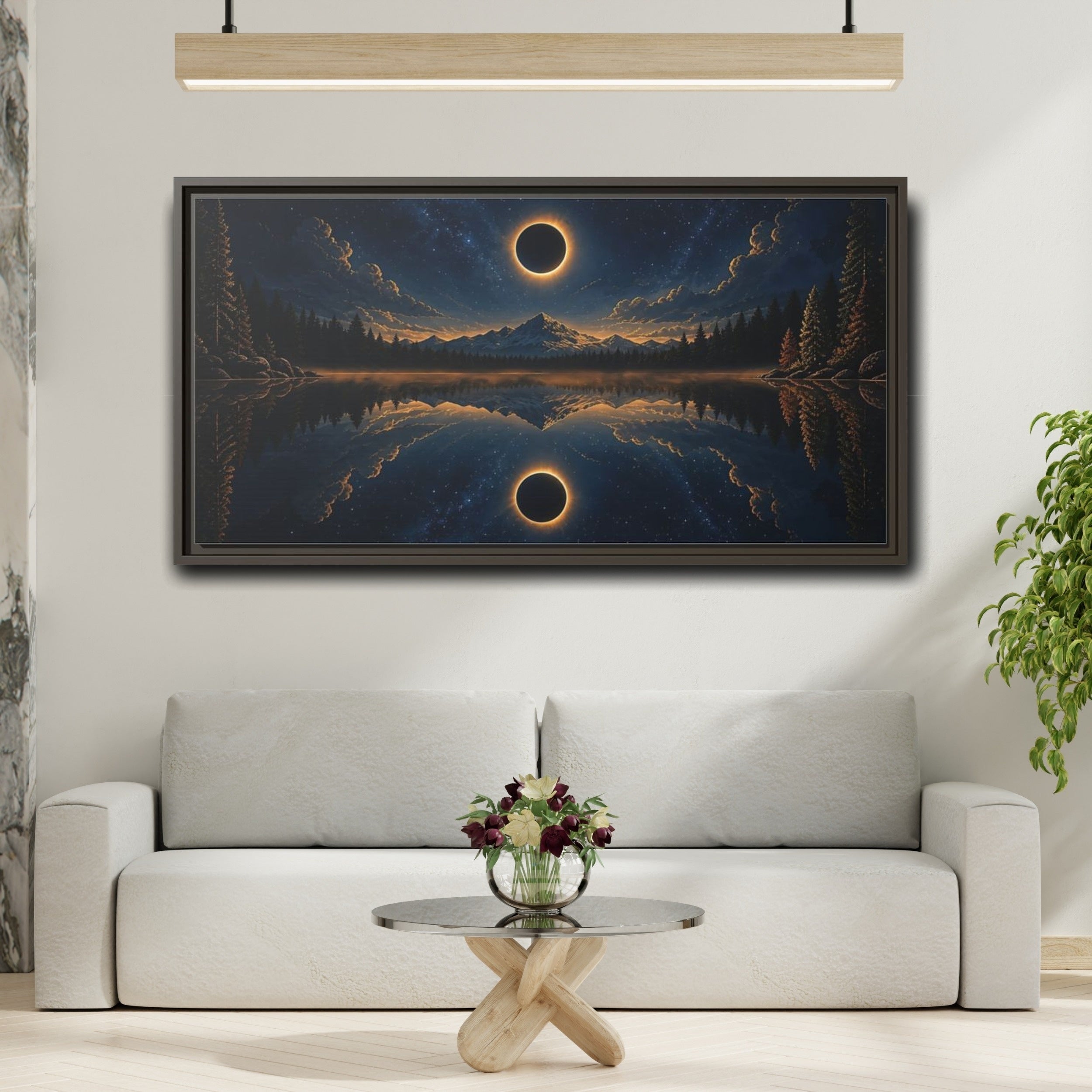 Mockup 2. Nature Solar Eclipse Blue Gold Night Sky shown as stretched canvas wall art
