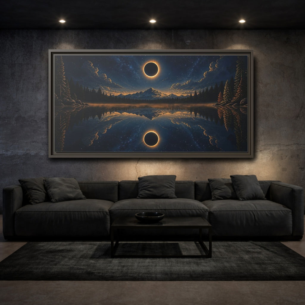 Mockup 3. Nature Solar Eclipse Blue Gold Night Sky shown as stretched canvas wall art