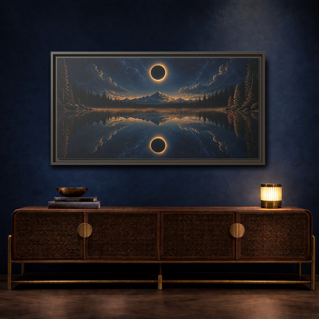 Mockup 4. Nature Solar Eclipse Blue Gold Night Sky shown as stretched canvas wall art