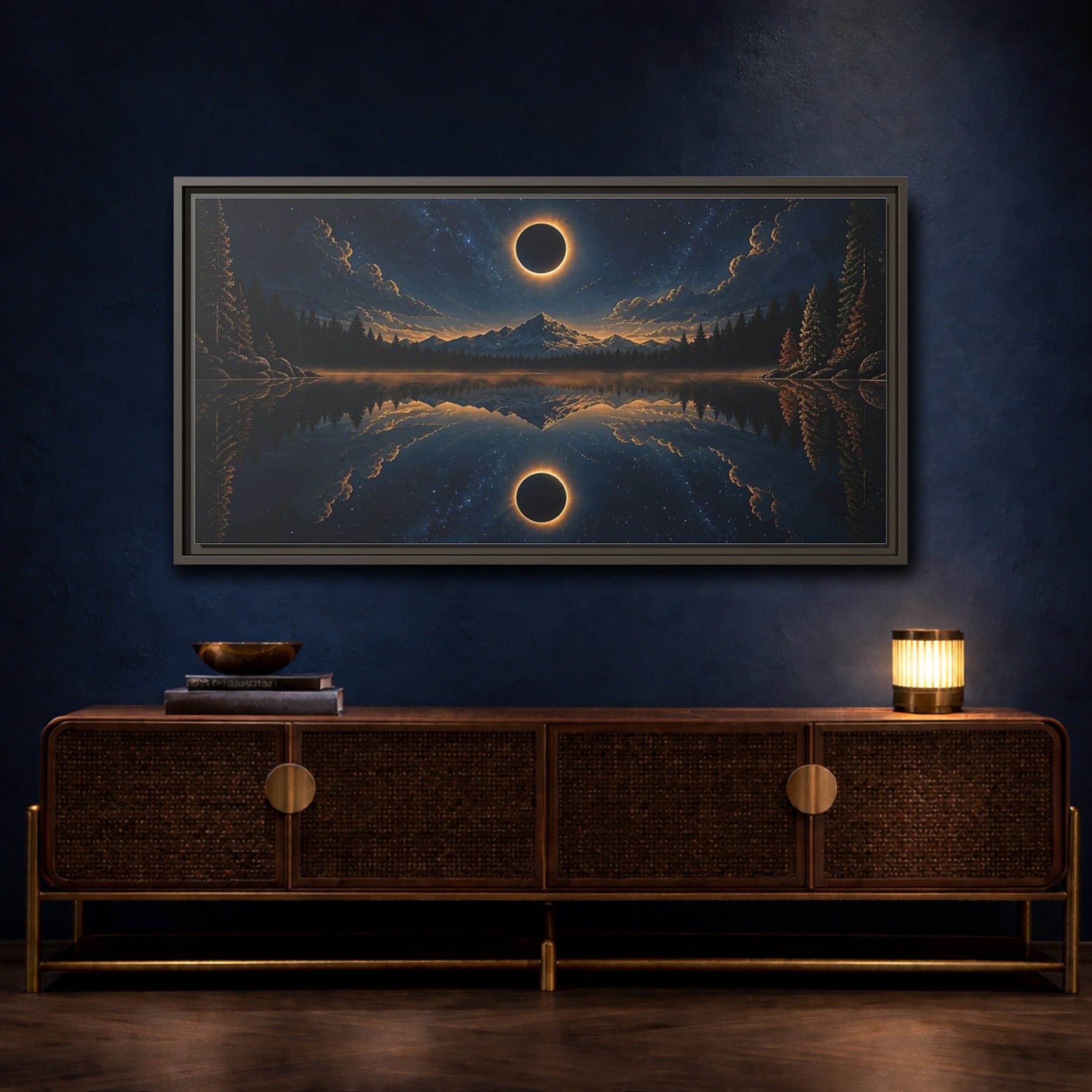 Mockup 4. Nature Solar Eclipse Blue Gold Night Sky shown as stretched canvas wall art