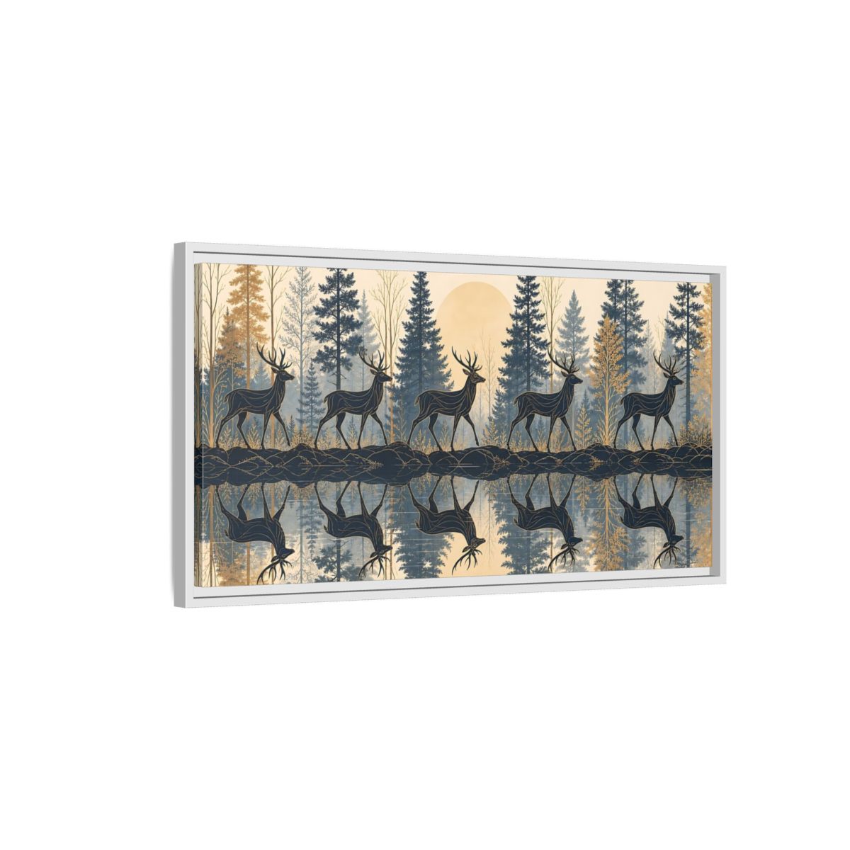 Side Mockup 1. Nature Stags Blue Gold Stags shown as stretched canvas wall art